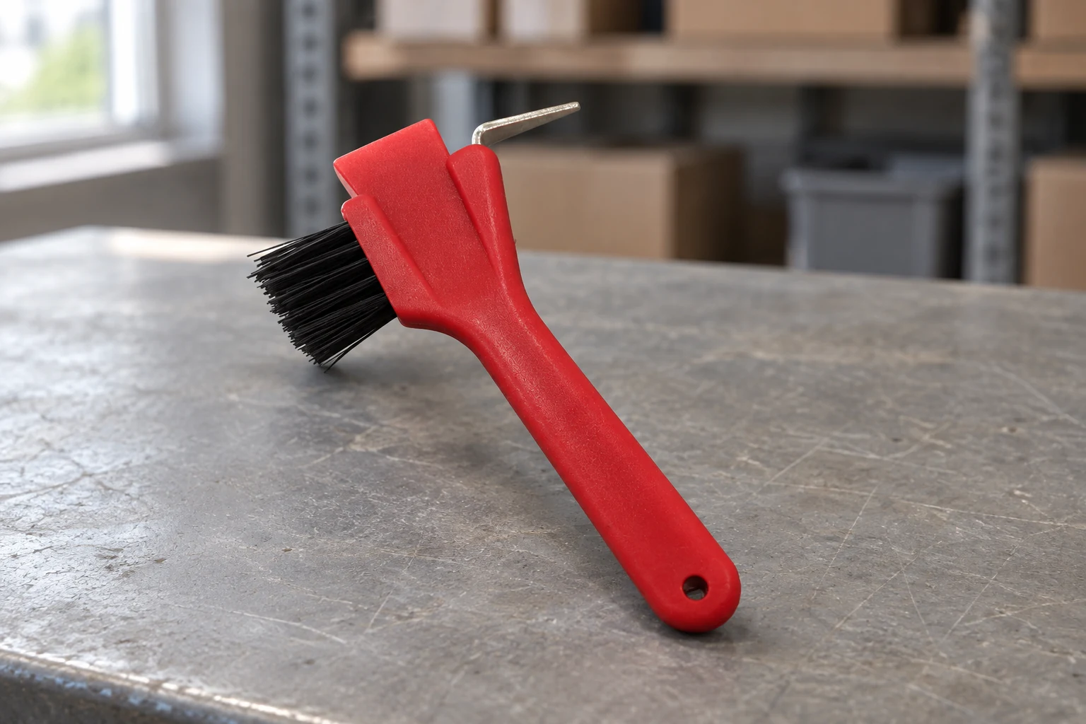 Hoof pick and brush on a grey workshop packing table