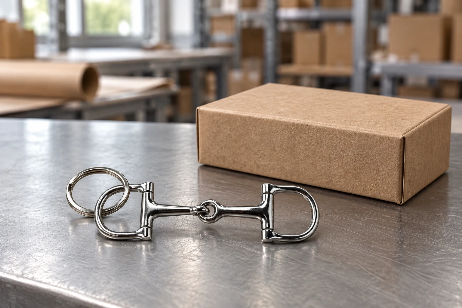 Miniature equestrian tack keyrings on a metal sample bench