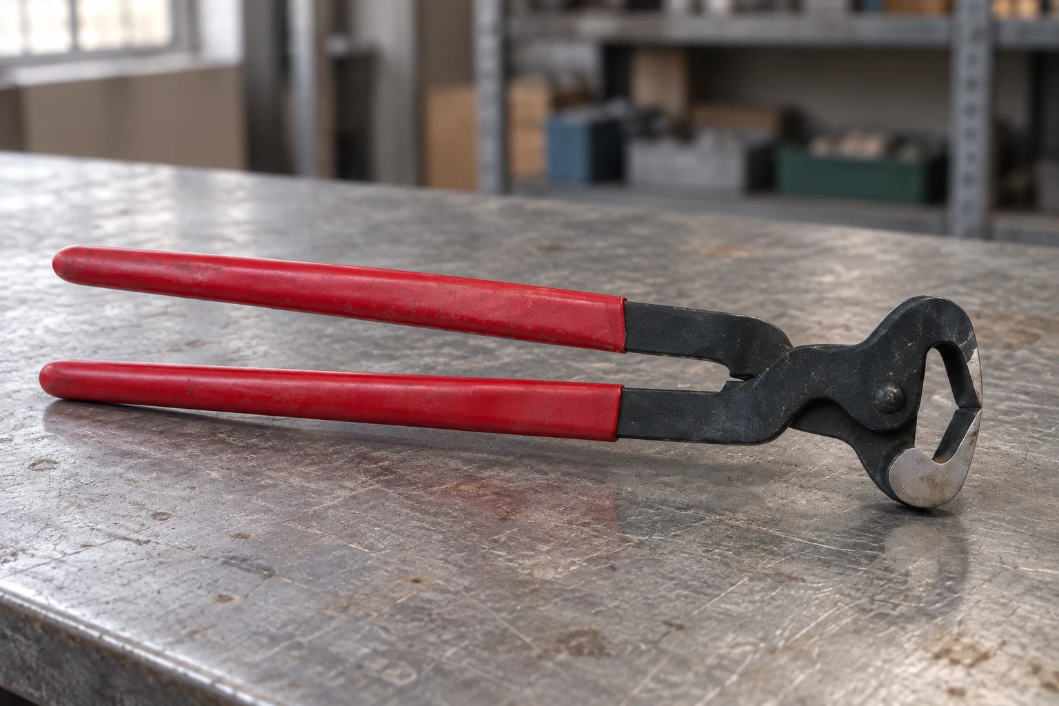 Metal hoof nipper resting on an industrial workbench