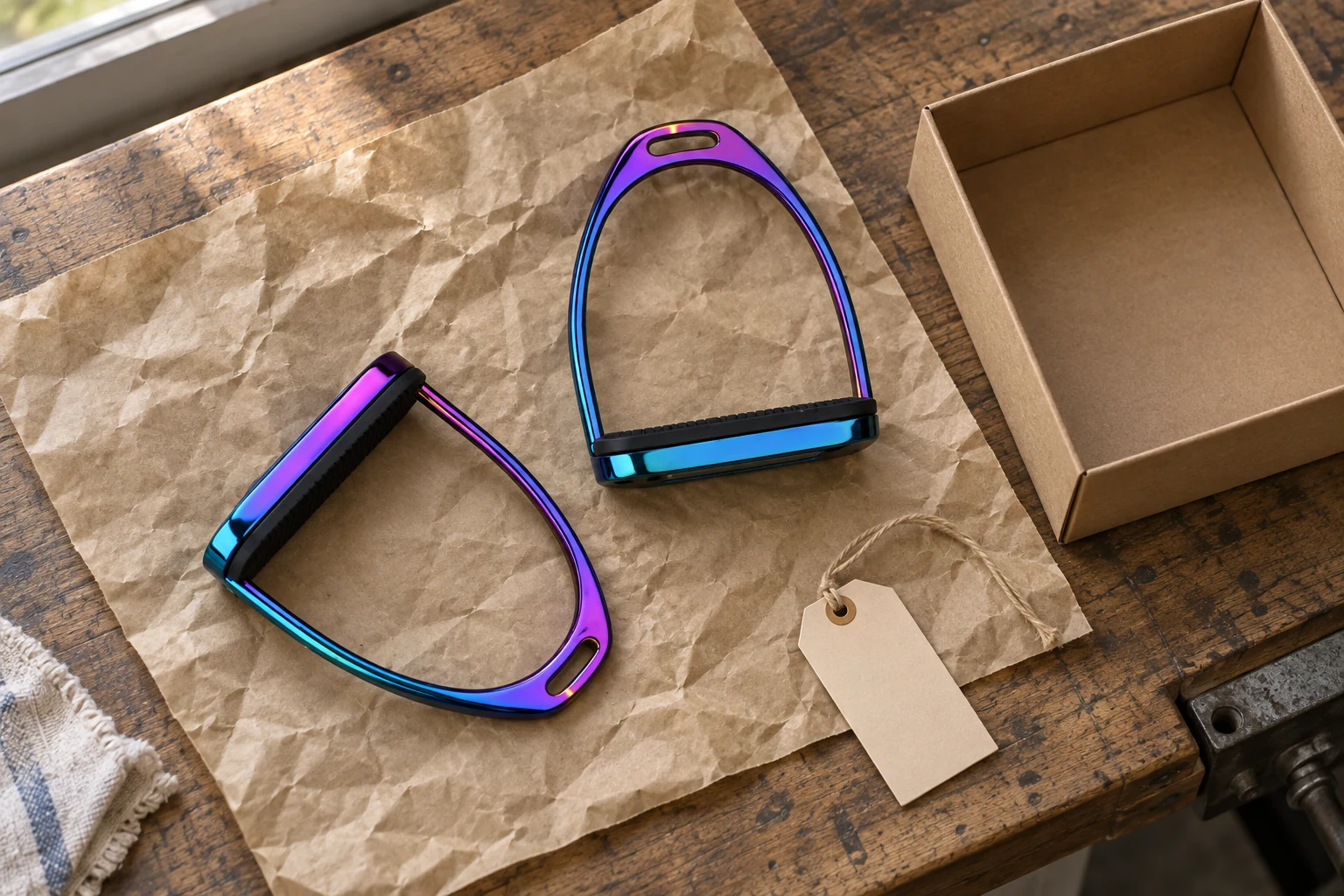 Rainbow finish stirrup pair with sample packing materials