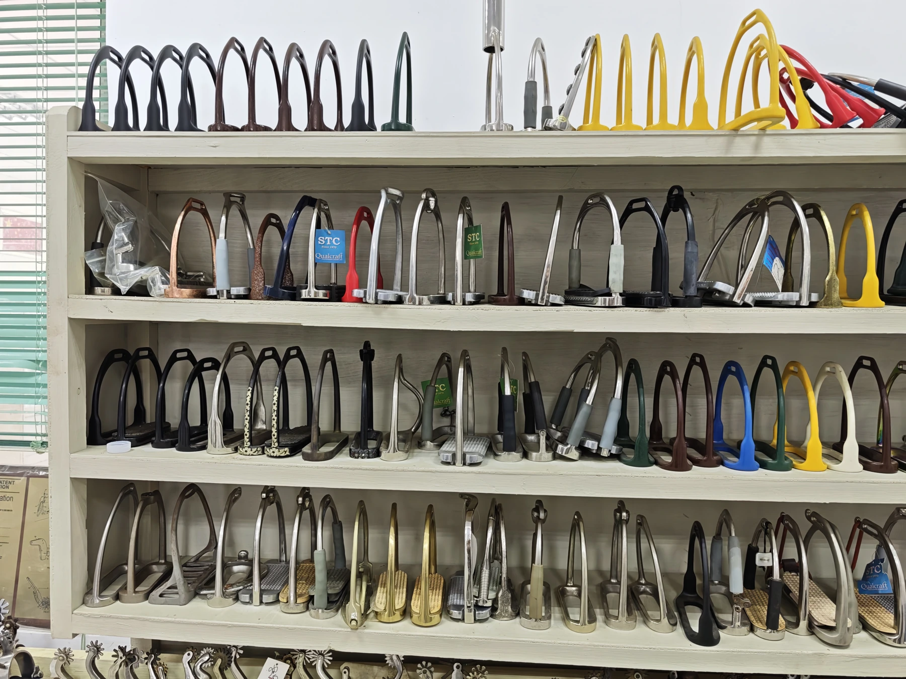 Stirrup samples with different frame shapes, treads and colors.