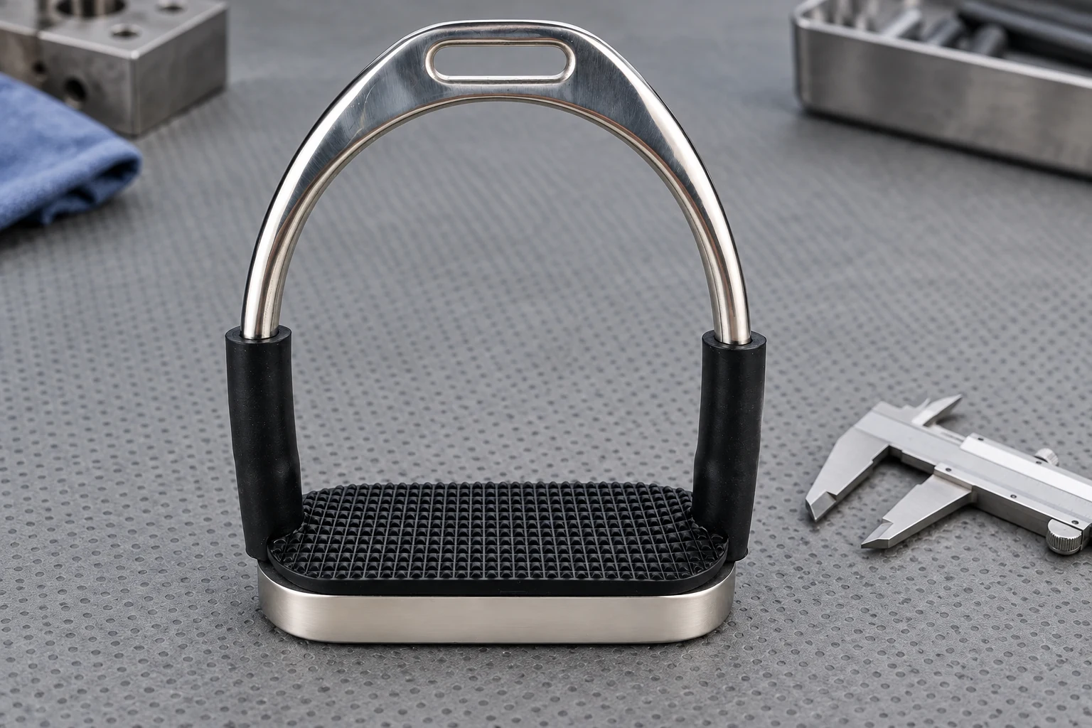 Stainless stirrup tread and frame beside a caliper