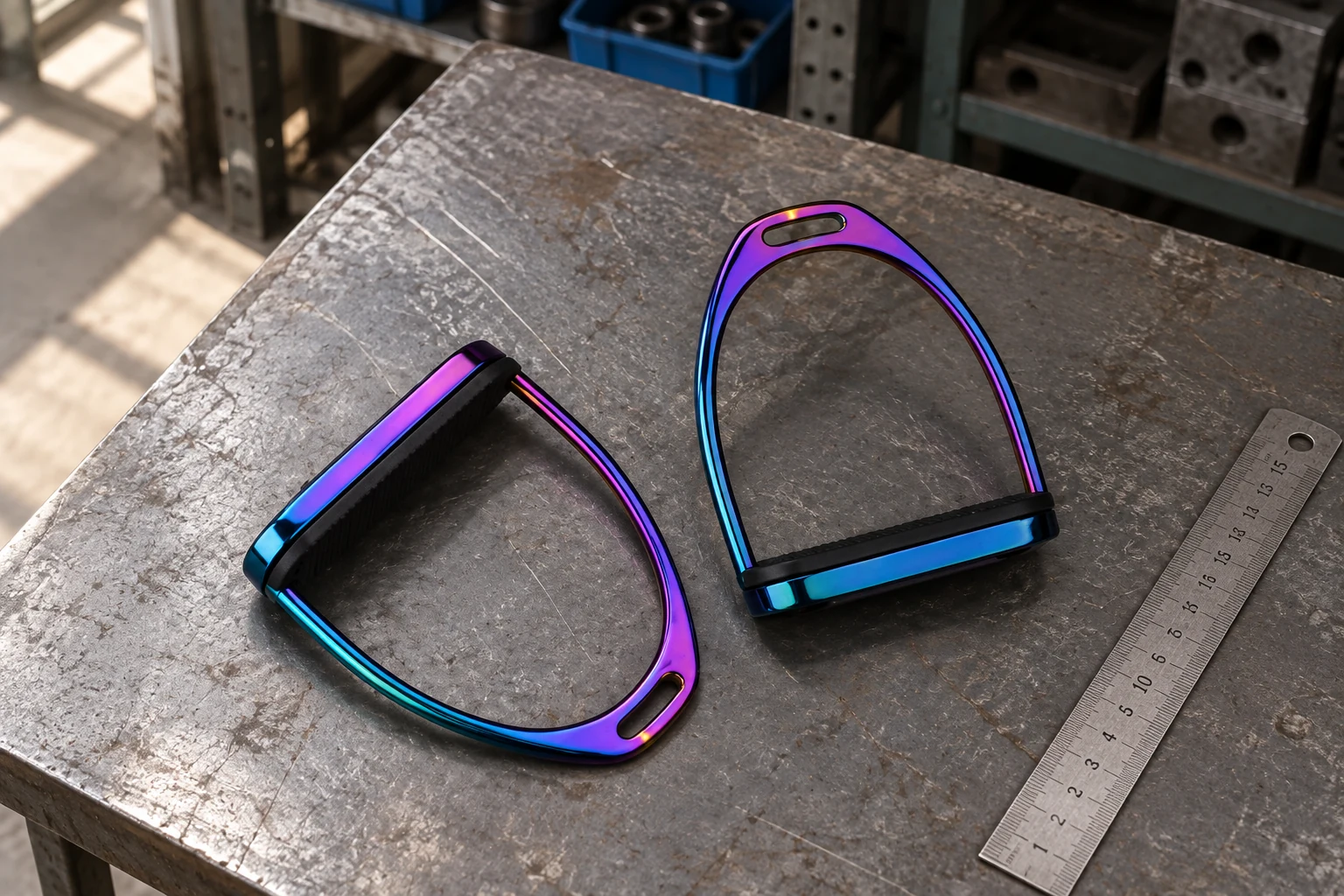 Rainbow finish Fillis stirrups showing frame and tread details