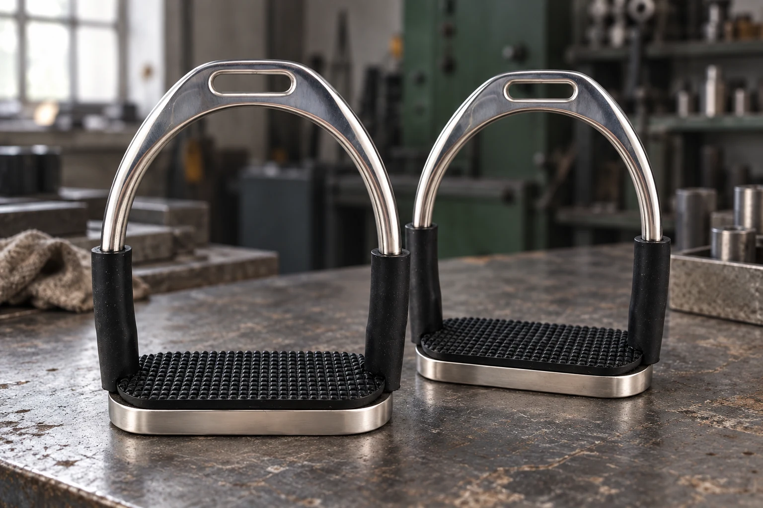 Stainless steel stirrup pair with black treads on a workshop bench