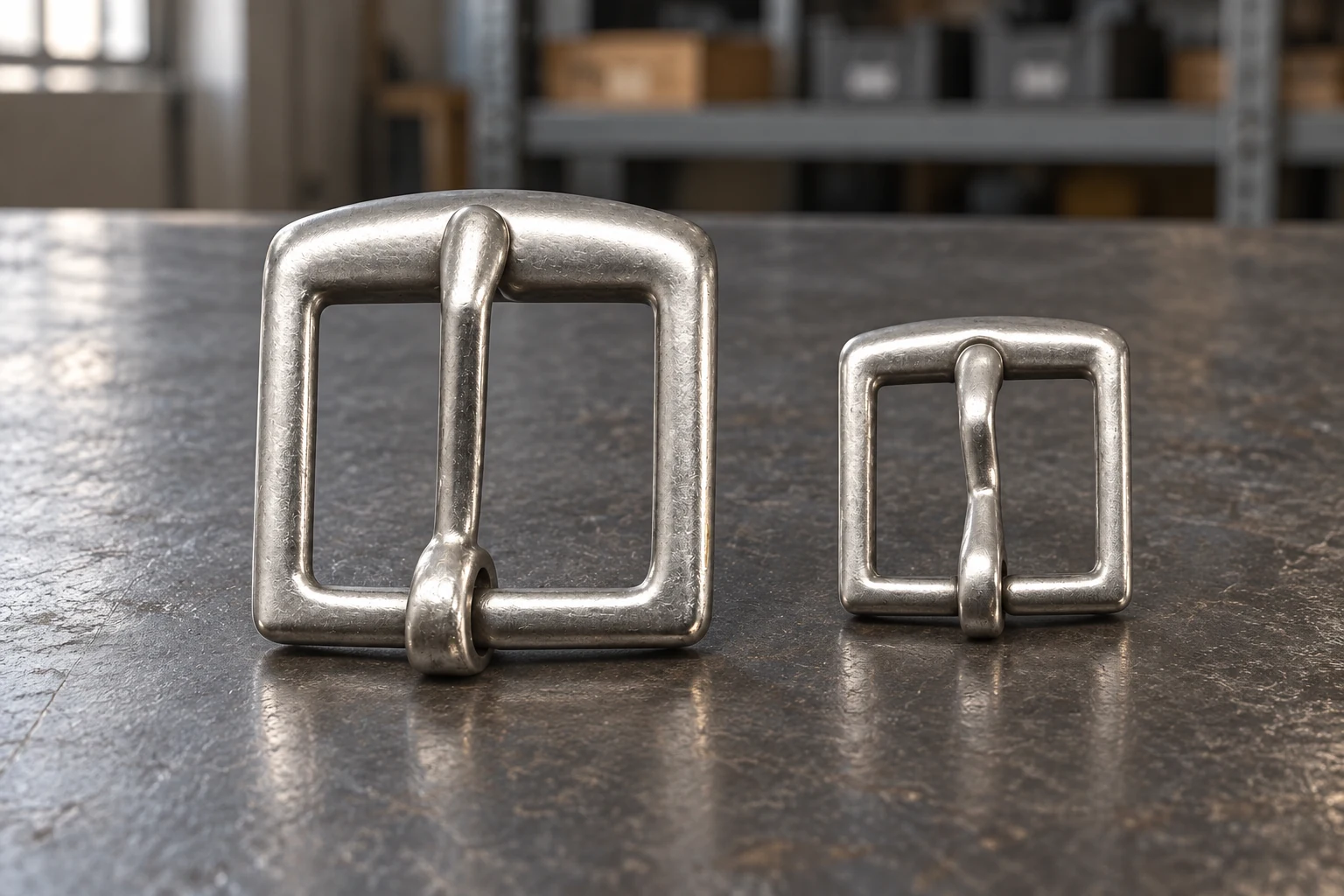 Metal saddlery buckles arranged on a workshop sample table