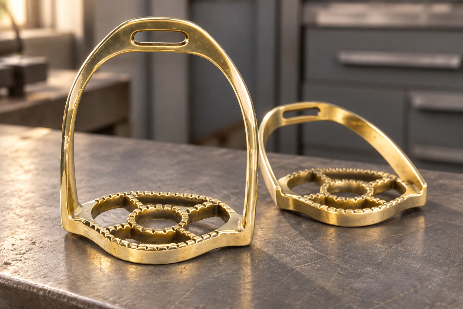 Brass Baroque stirrups with open patterned treads on a workbench