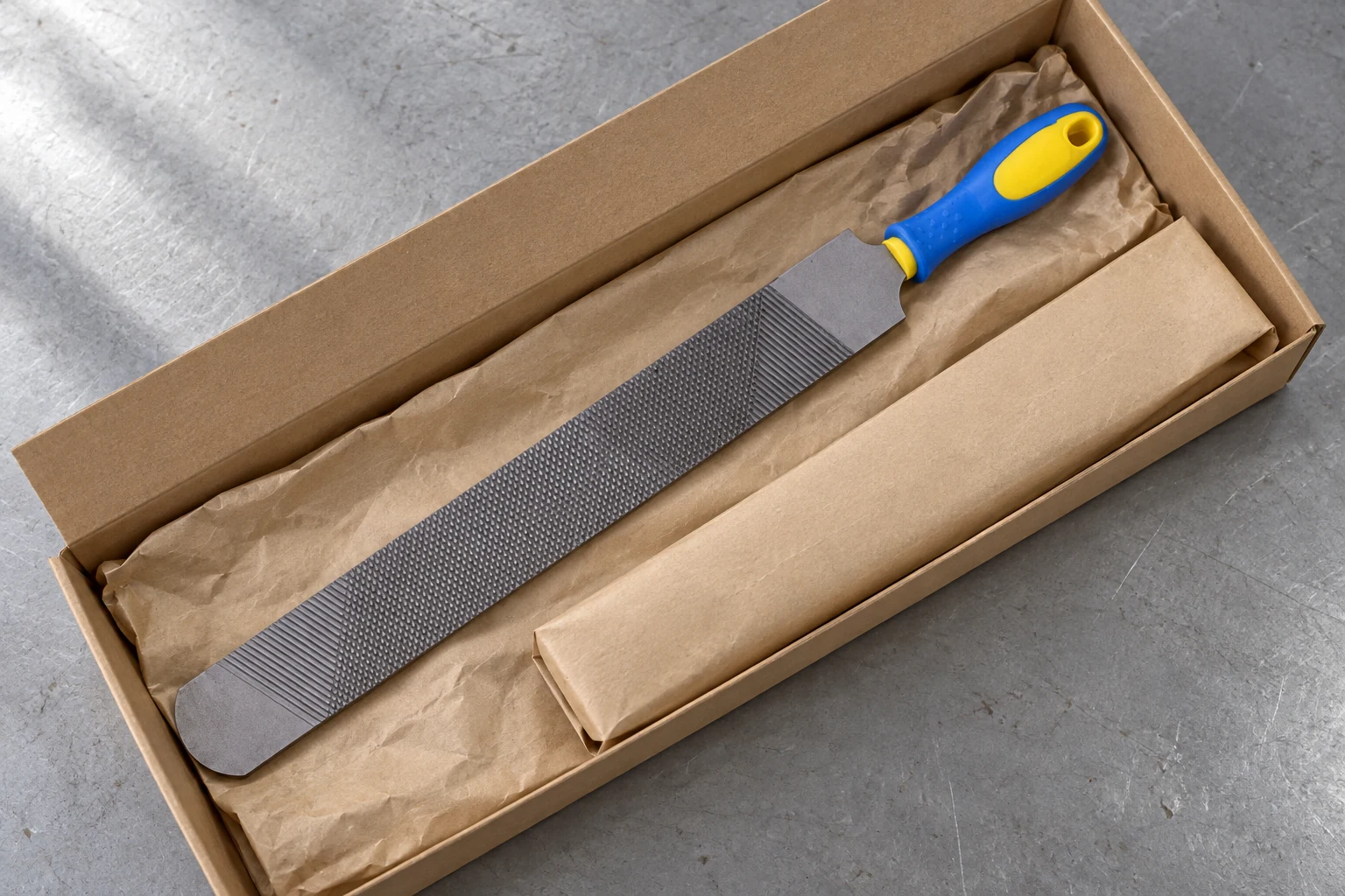 Handled hoof rasp protected in a long kraft carton