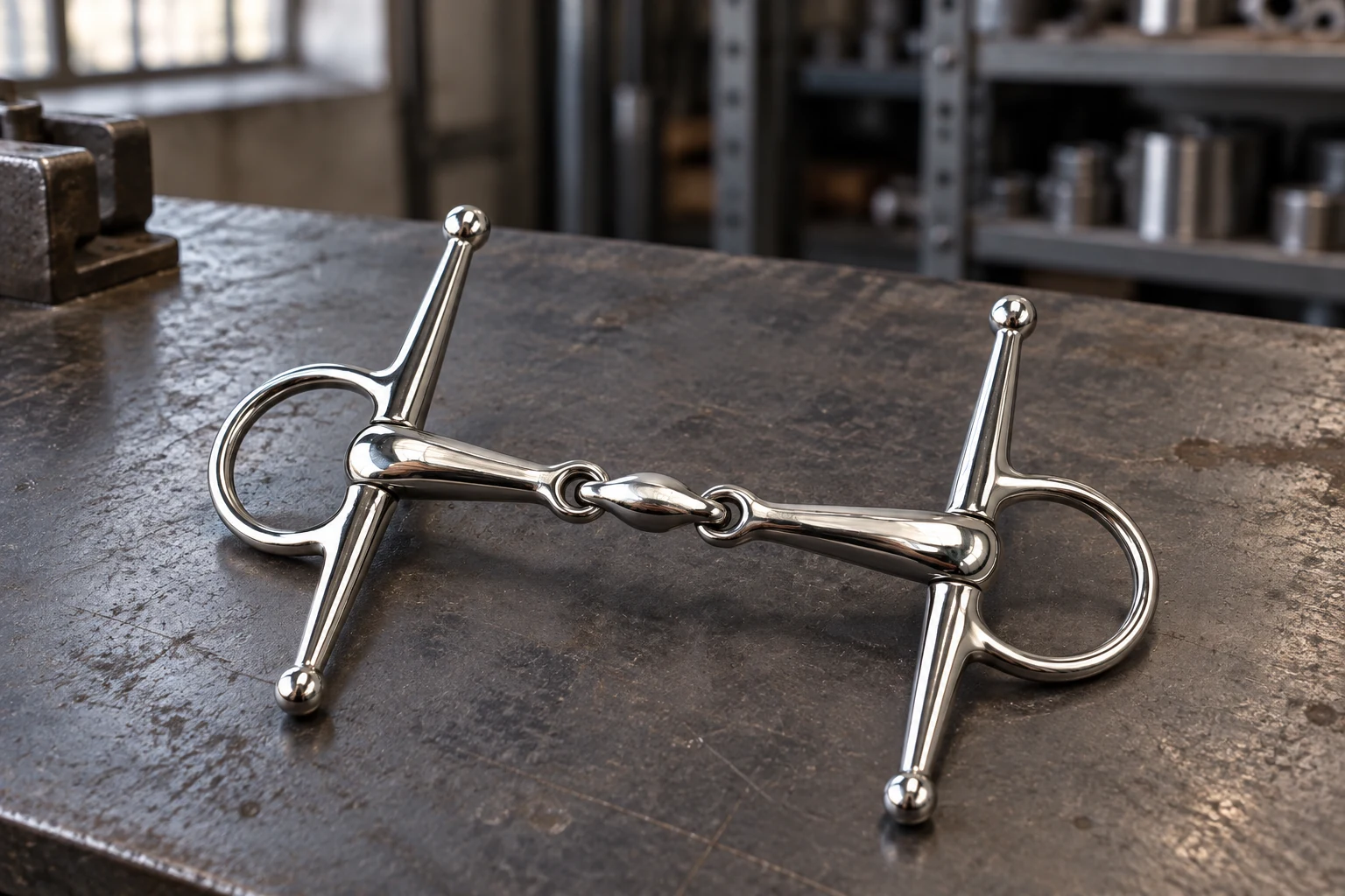 Full cheek double-jointed stainless horse bit on a workshop bench