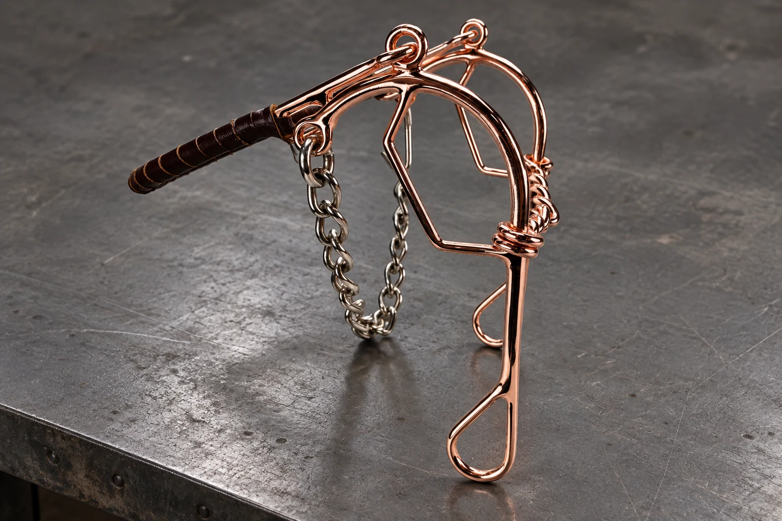 Rose-gold mechanical Hackamore with noseband and chain on a workshop bench