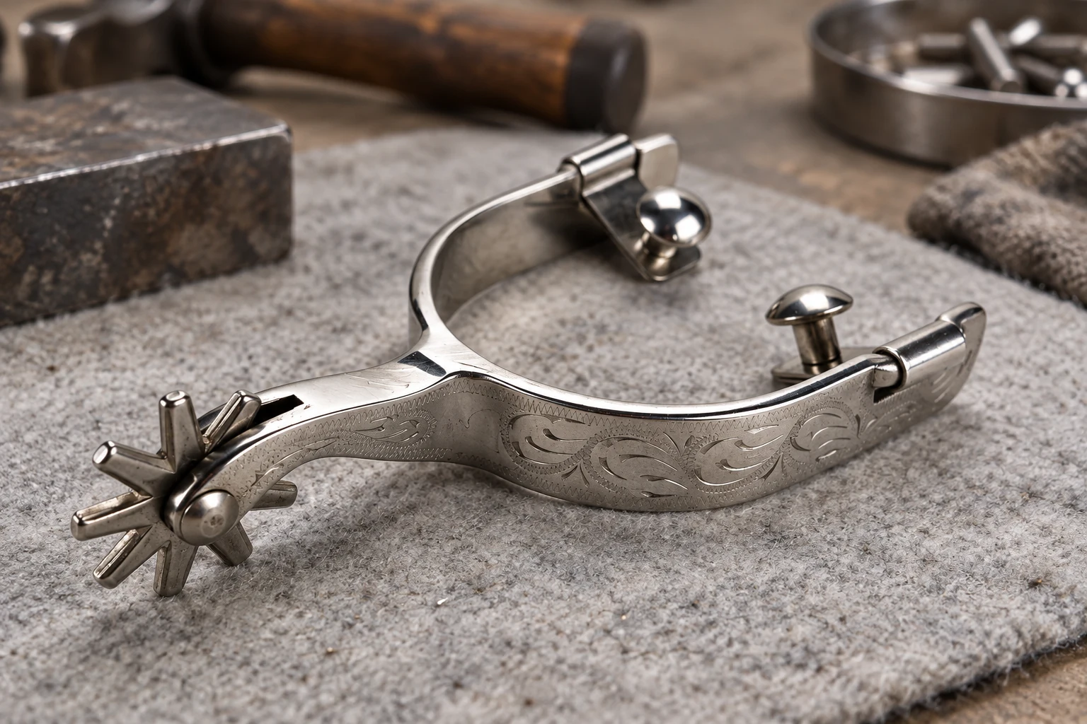 Close view of a Western spur engraving and rowel